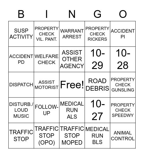DISPATCH BINGO APD P1 Bingo Card