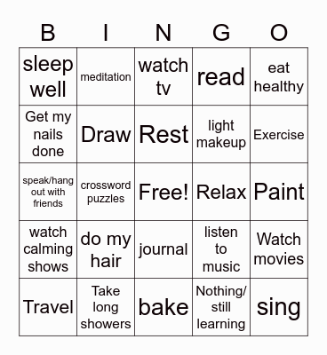 Self Care Bingo Card