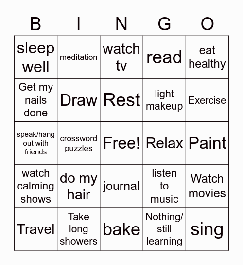 Self Care Bingo Card