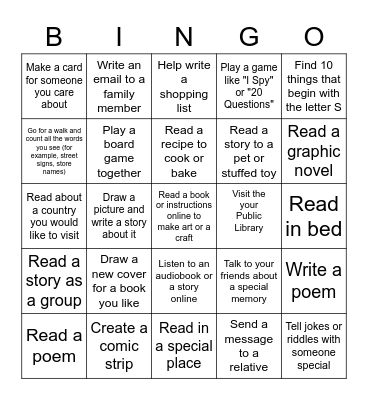 Literacy Week Bingo - Family Edition Bingo Card