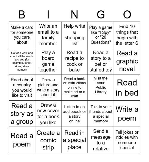 Literacy Week Bingo - Family Edition Bingo Card