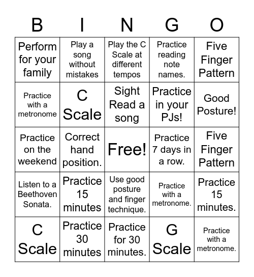 Piano Bingo Card