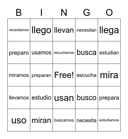 AR Verbs Bingo Card