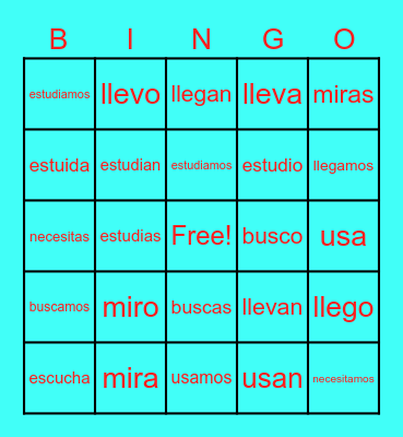 Ar Verbs Bingo Card