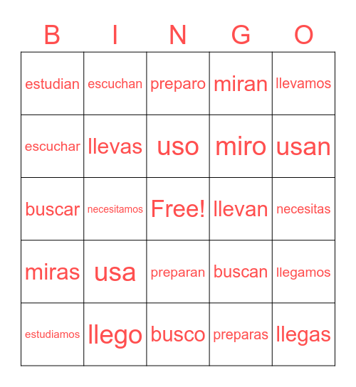 AR Verbs Bingo Card
