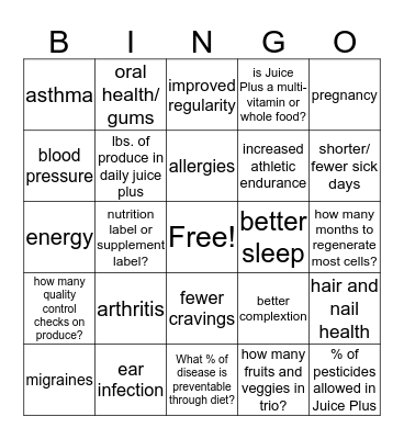 Juice Plus Bingo! Bingo Card