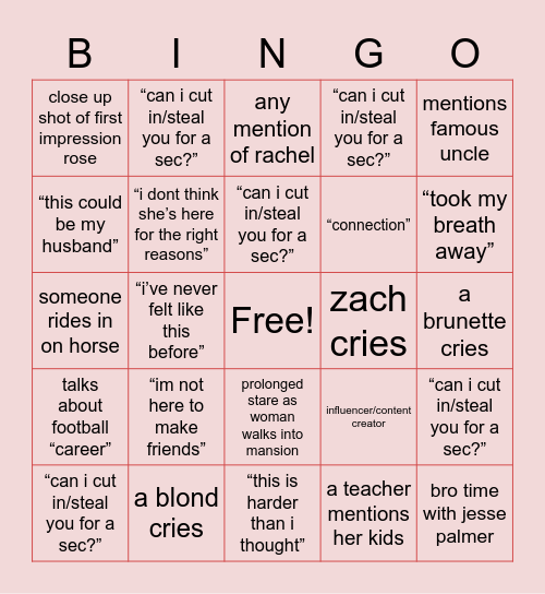 THE BACHELOR PREMIERE Bingo Card