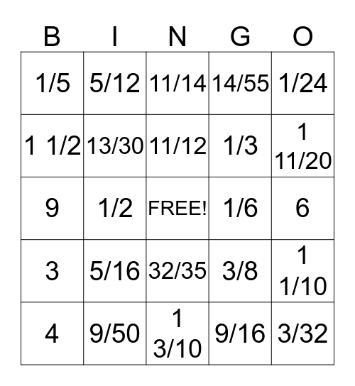 Fraction Bingo Card