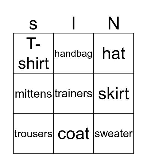 CLOTHES Bingo Card