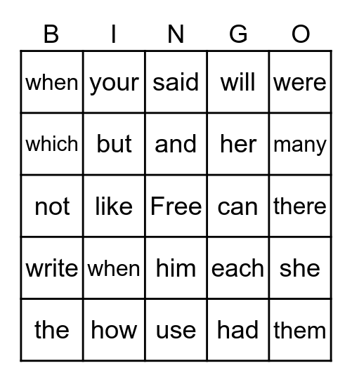 Fry First 100 Sight Words Bingo Card