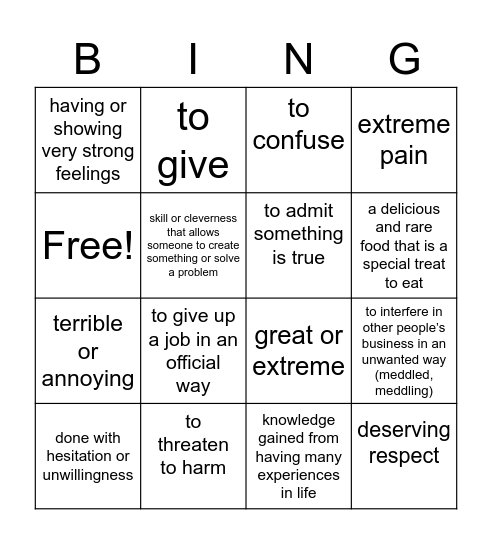 Unit 4 Vocabulary Bingo Card