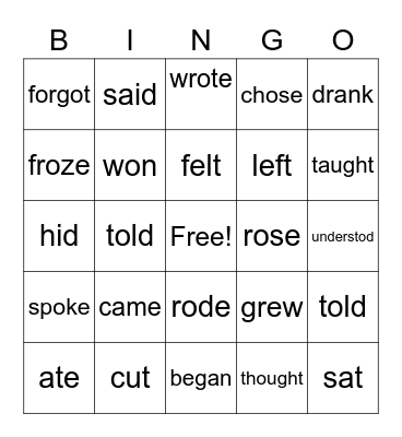 Irregular Verbs Bingo Card