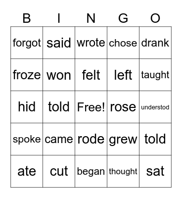 Irregular Verbs Bingo Card
