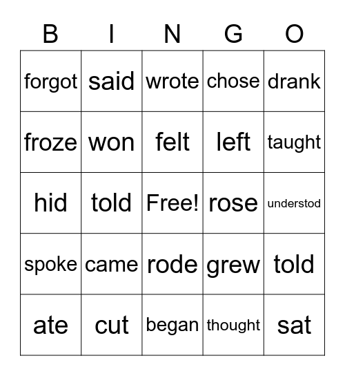 Irregular Verbs Bingo Card