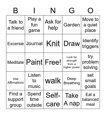 Healthy Coping Bingo Card