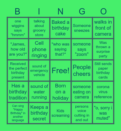 Virtual Birthday Party bingo Card