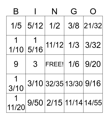 Fraction Bingo Card