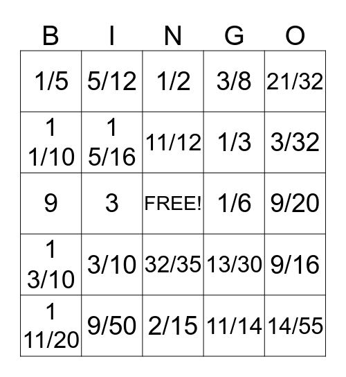 Fraction Bingo Card