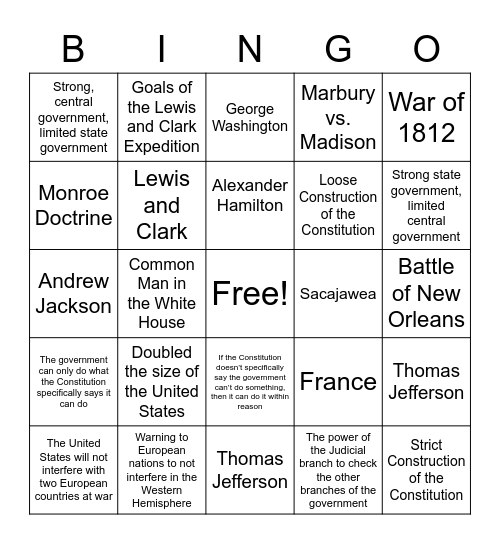 Early Presidents Bingo Card