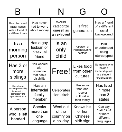 Diversity Day Bingo! Bingo Card