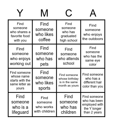 YMCA Staff Rally Mingle Bingo Card