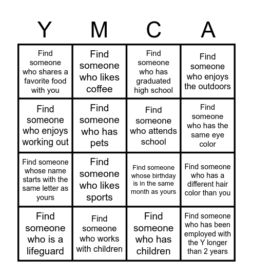 YMCA Staff Rally Mingle Bingo Card