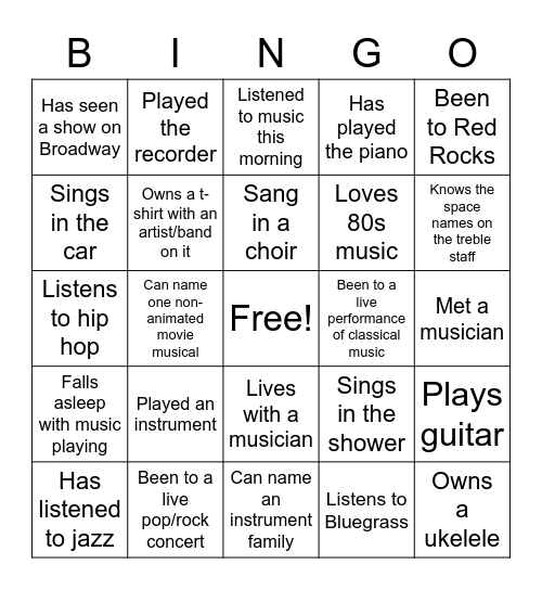 Music Appreciation Bingo Card