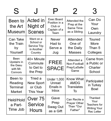 Prep Senior Class Bingo Card