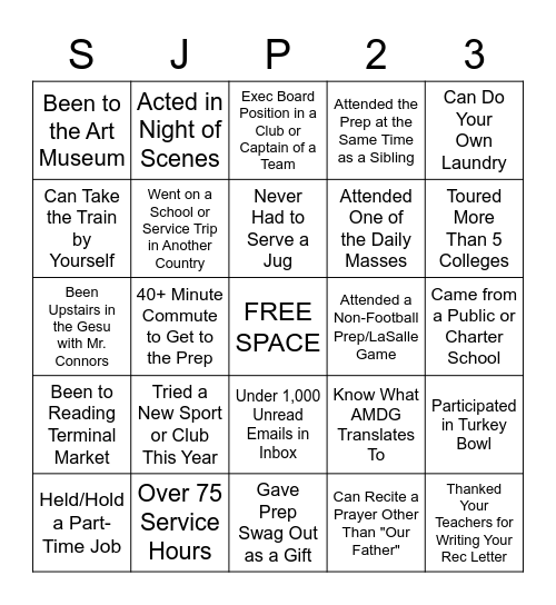 Prep Senior Class Bingo Card