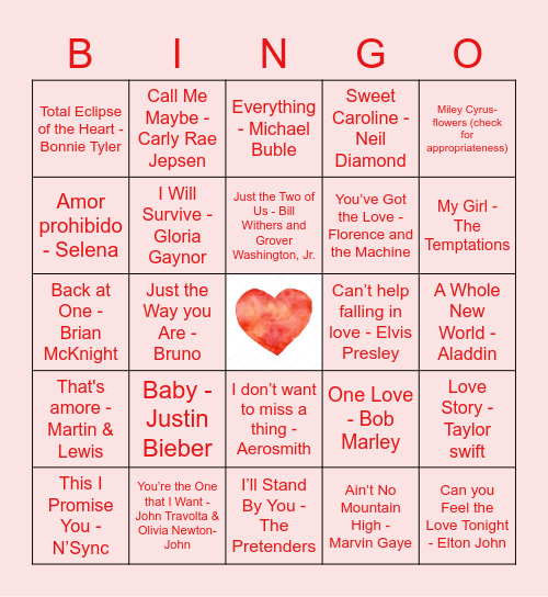 Love Song Bingo Card