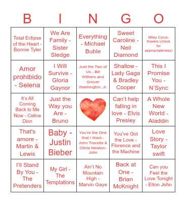 Love Song Bingo Card