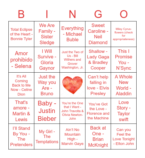 Love Song Bingo Card