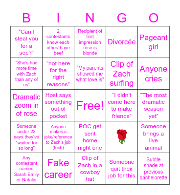 🌹 Bachelor Premiere 🌹 Bingo Card