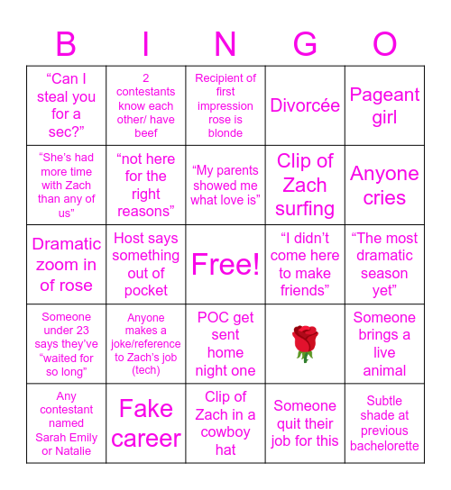 🌹 Bachelor Premiere 🌹 Bingo Card