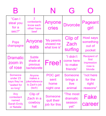 🌹 Bachelor Premiere 🌹 Bingo Card