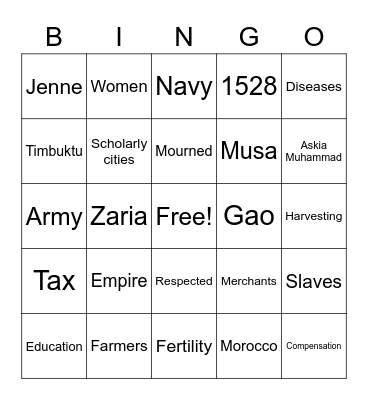 The Songhai Empire Bingo Card