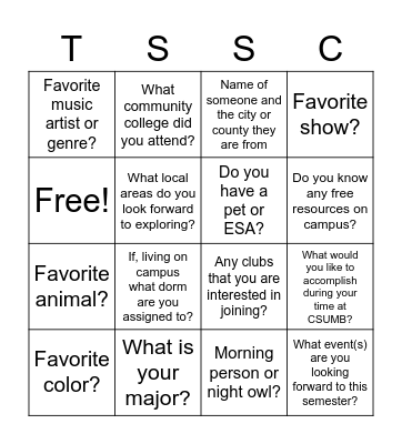 TSSC Spring 2023 Mixer! Bingo Card