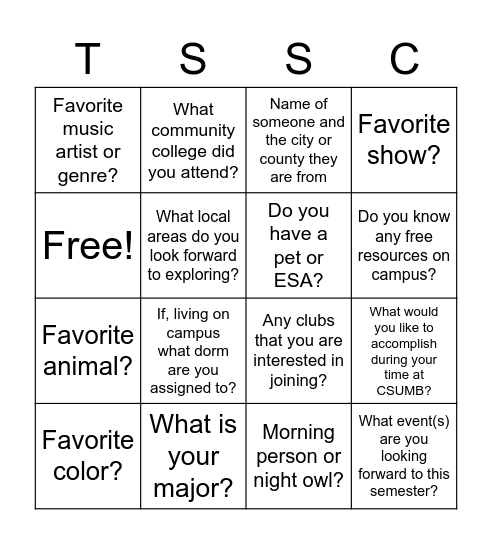 TSSC Spring 2023 Mixer! Bingo Card