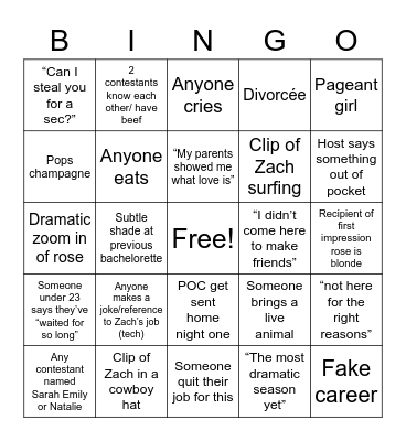 🌹 Bachelor Premiere 🌹 Bingo Card