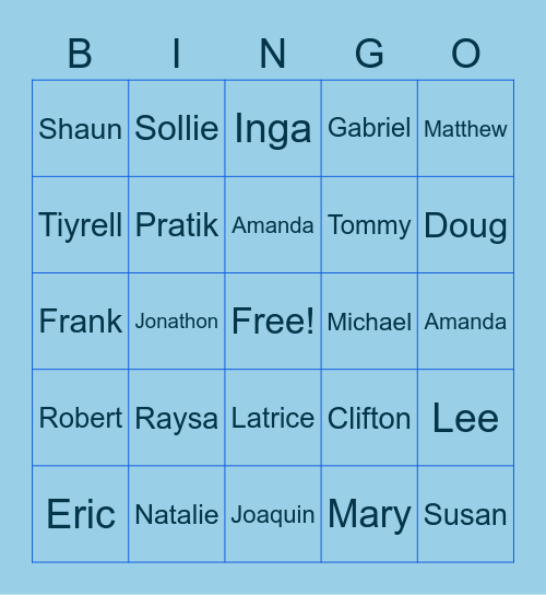 Team Meyers' January Bingo Card