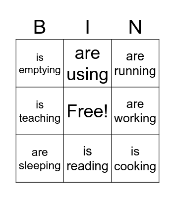 Present continuous tense Bingo Card