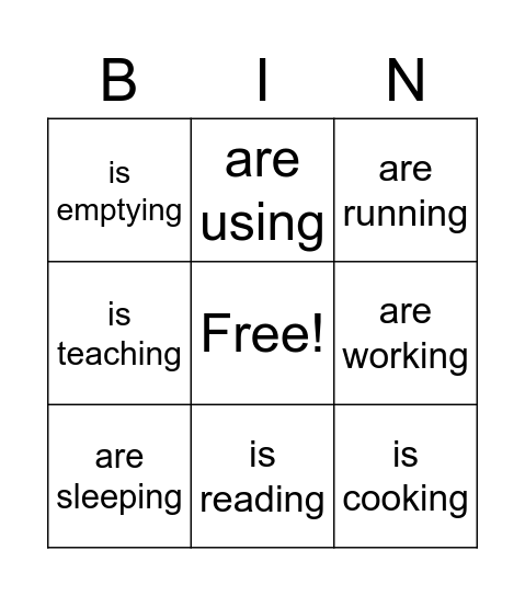 Present continuous tense Bingo Card
