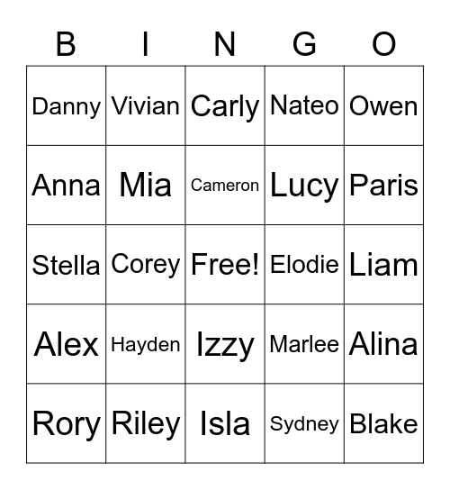 Rec Name Bingo Card