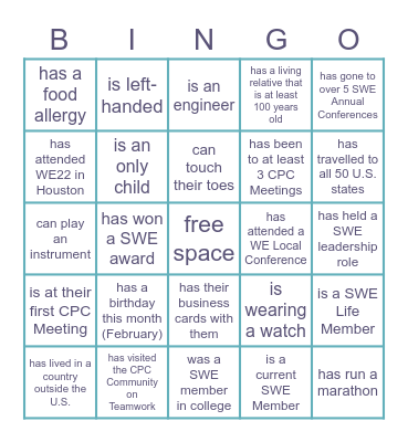 SWE CPC Reception | Networking Bingo Card