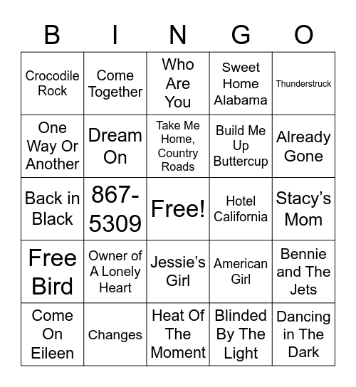 70's &80's Music Bingo Card