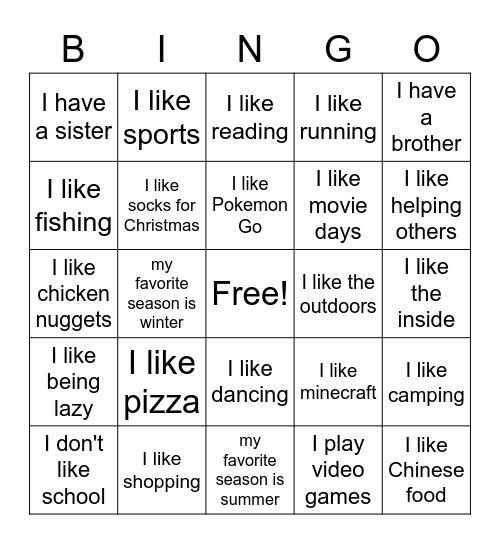 Things in Common Bingo Card