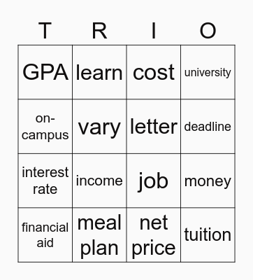 College affordability/Cost Bingo Card