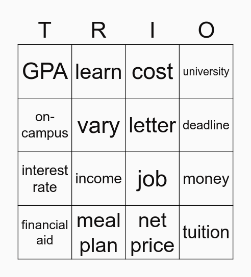 College affordability/Cost Bingo Card