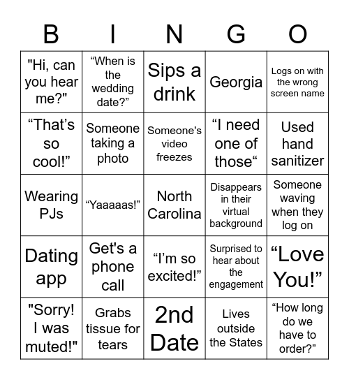 Virtual Bridal Shower Bingo Card