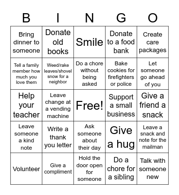 Acts of Kindness Bingo Card